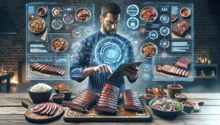 A BBQ competitor using an AI tablet interface to optimise recipes, adjusting temperature and spice ratios, with various enhanced BBQ dishes displayed.