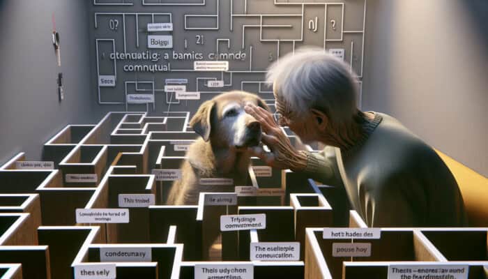 An elderly dog, confused and lost in a familiar home, depends on its owner for guidance due to cognitive decline.