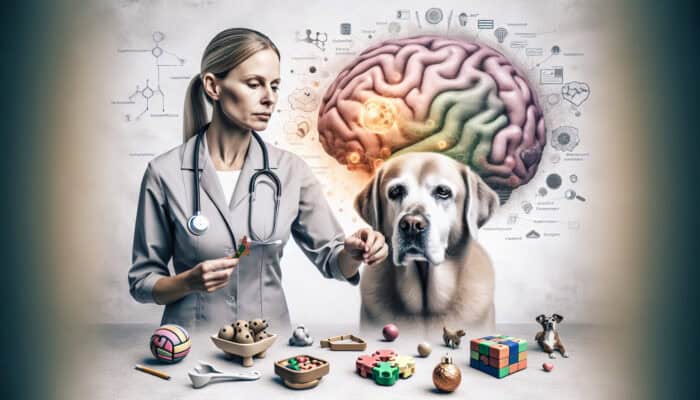 An elderly dog with cognitive toys and a vet, highlighting the importance of mental stimulation in slowing cognitive decline.