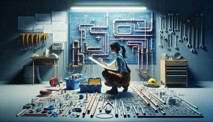 A plumber evaluates Poly B piping, preparing for replacement in a well-organised workspace.