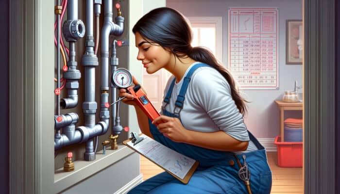 A plumber examining Poly B plumbing for signs of leaks, corrosion, and damage, using pressure tests and flow measurements.