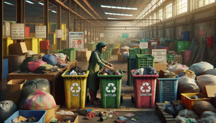 Individual sorting items into bins marked for reuse, recycling, and donation, with local facilities in the background.
