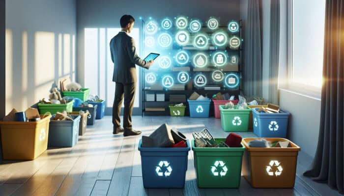 Individual sorting items into recycling, reuse, and donation bins while using a tablet for sustainability tips and local group contacts.