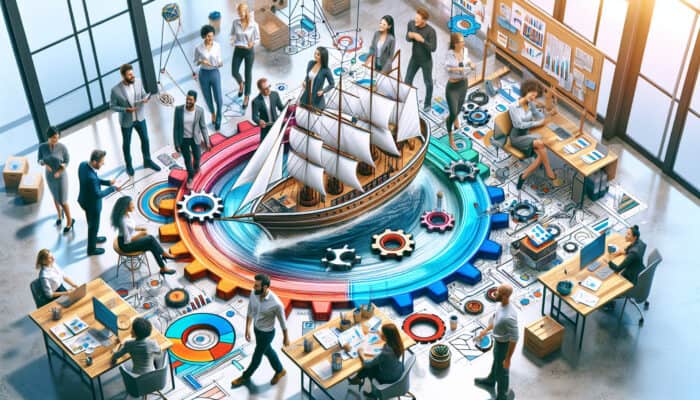 A lively office scene featuring diverse employees collaborating, symbolising effective employee retention strategies.