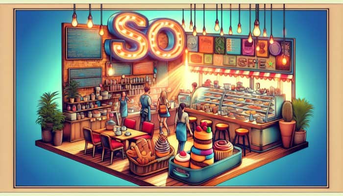 A bustling Weymouth coffee shop with a sign declaring "Best Pastries in Weymouth", where locals and tourists gather, incorporating SEO keywords into decor and menu.