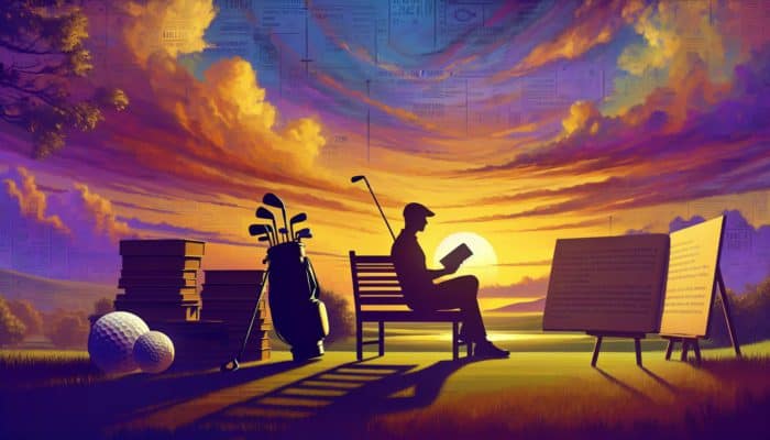 A peaceful golf course at sunset with an open book on a bench, surrounded by golf literature and the silhouette of a golfer reading.