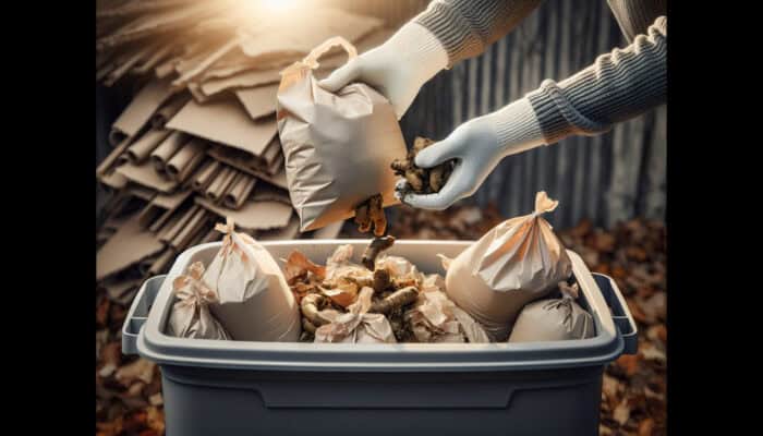 Individual adding pet waste in biodegradable bags to a composter along with leaves and cardboard for balanced composting.
