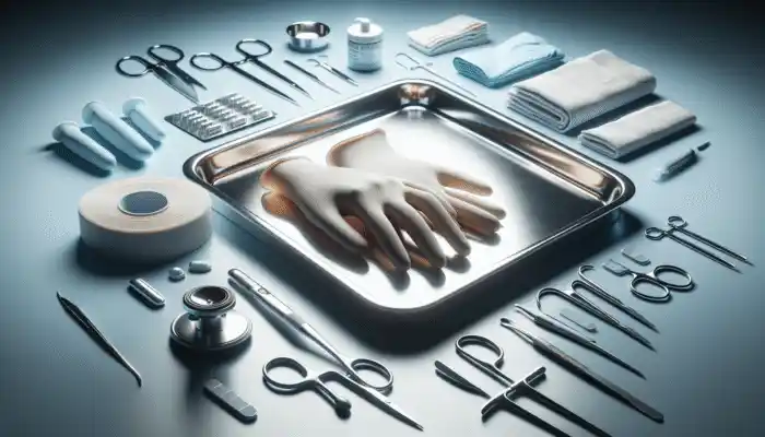 Close-up of hypoallergenic nitrile gloves on a medical tray with various tools in a sterile hospital setting.