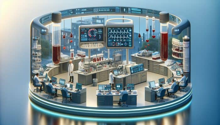 Visual representation of cholesterol blood test in Middleton lab, specialists analysing results on digital displays.