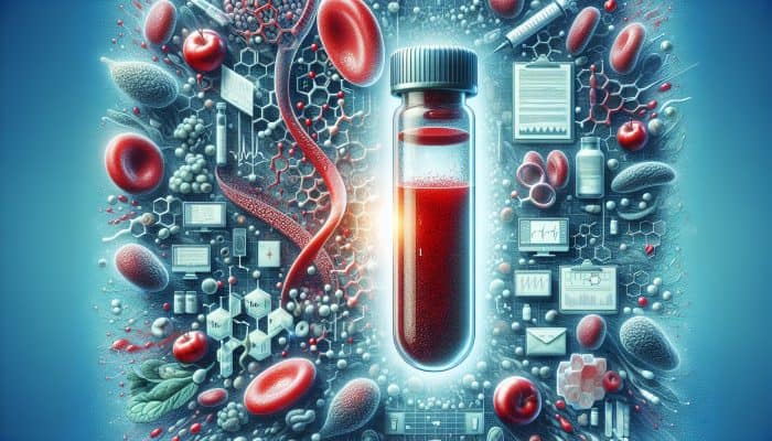 Ferritin Blood Test in Hyde: Illustration of ferritin blood test with vial, ferritin proteins, and iron-rich foods like spinach and red meat.