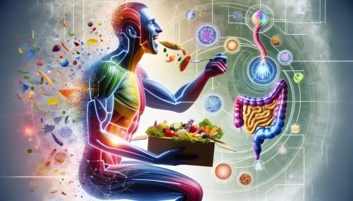 Person enjoying a colourful meal, with illustrations of the digestive system and health symbols.