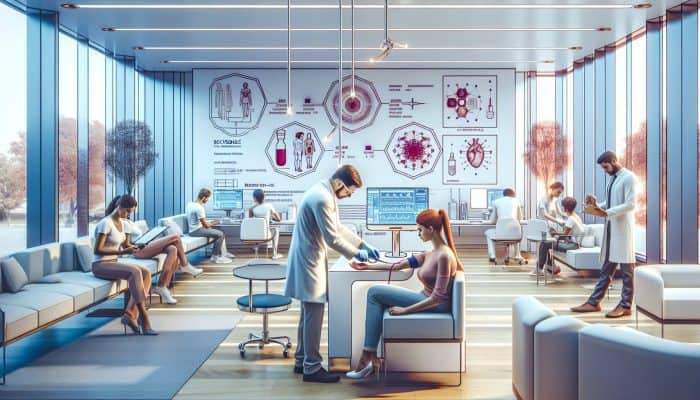 Modern medical facility in Rochdale providing cortisol blood tests, featuring patients and laboratory technicians.