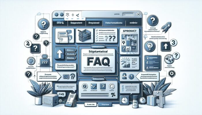 An e-commerce platform displaying FAQs on product pages and a dedicated FAQ section accessible from the main menu.