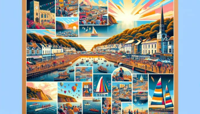 A vibrant collage showcasing Sidmouth's Folk Festival, regatta, local landmarks, and community involvement by businesses.
