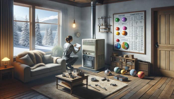 A technician assesses an old furnace in a cozy living room, surrounded by service plan charts and a snowy Langley view outside.