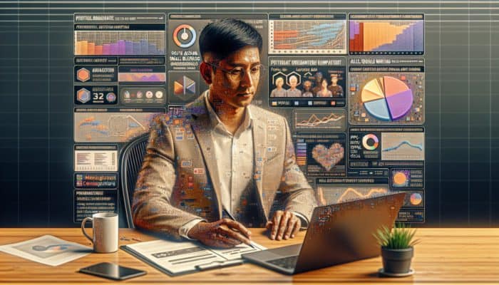 Small business owner in Plymouth using laptop to manage PPC, display, and social media ads, viewing growth charts.