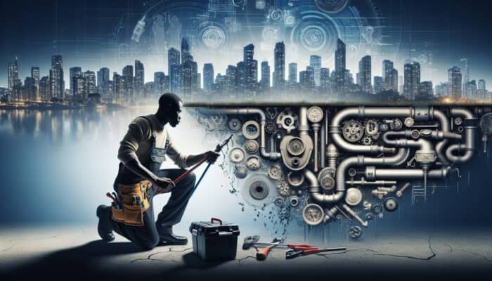 A plumber in Coquitlam attending to a modern drain system with the city skyline in the background.