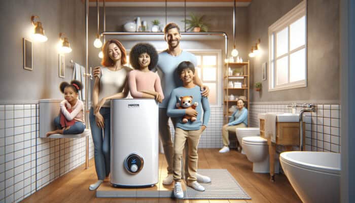 A modern tankless water heater in a Richmond home's comfortable bathroom, replacing an outdated tank model, leading to reduced energy bills.