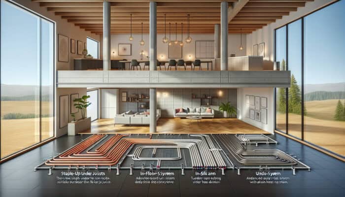 Showcasing four different types of hydronic radiant floor heating systems in a contemporary interior setting.