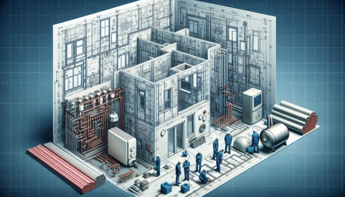 Blueprint illustrating building layout with key insulation highlights, surrounded by high-quality hydronic heating components, monitored by local experts.