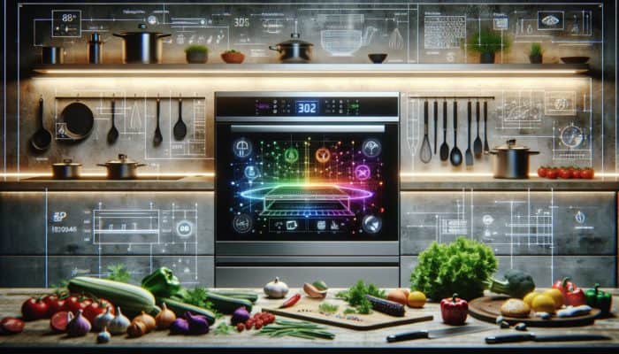 A modern kitchen with a smart oven showing a recipe app, surrounded by diverse ingredients and tools.