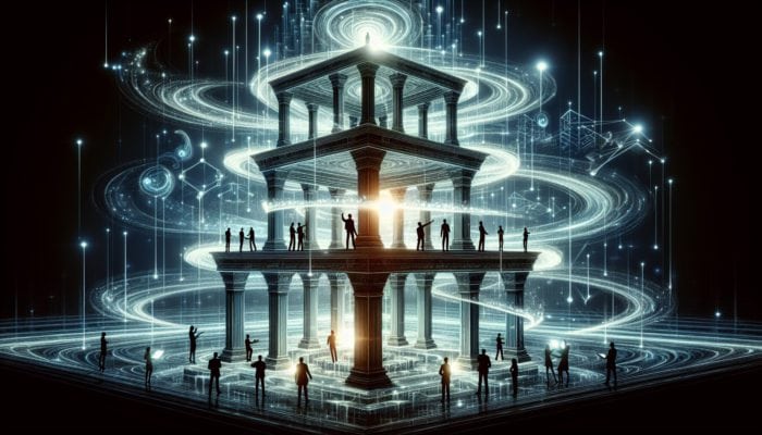 A three-tiered structure with experts sharing insights on each level, illustrating abstract knowledge patterns.