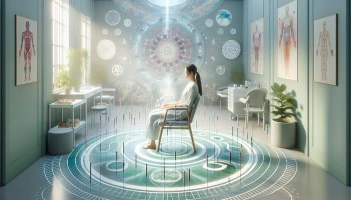 A woman receiving acupuncture in a serene UK fertility clinic, surrounded by soothing colours and traditional Chinese symbols.