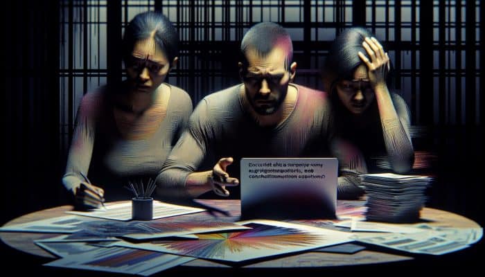 A cosigner and borrower at a table with financial documents and a laptop, discussing debt consolidation under dim lighting.