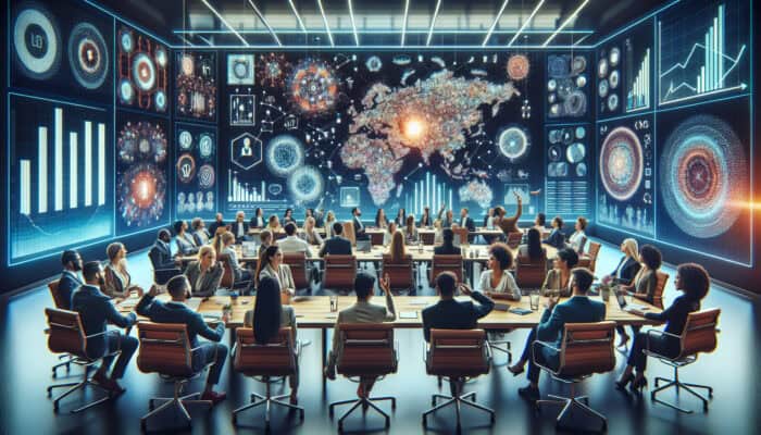 A conference room filled with diverse experts discussing strategies, surrounded by digital screens and VA logos.