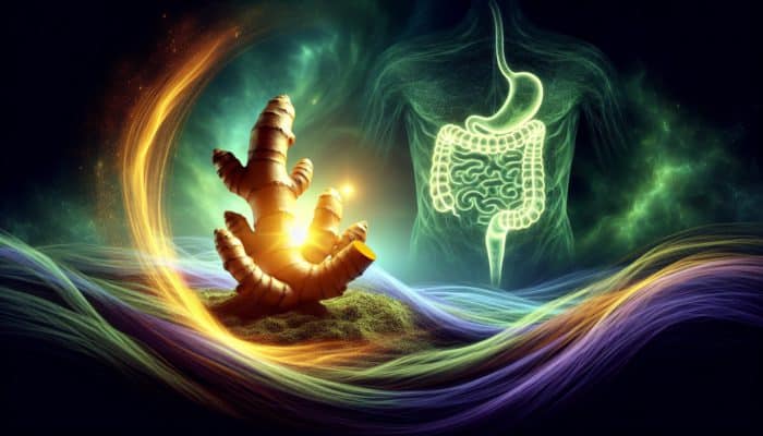 A vibrant turmeric root with soothing green and blue swirls, symbolising digestive relief and a healthy gut.