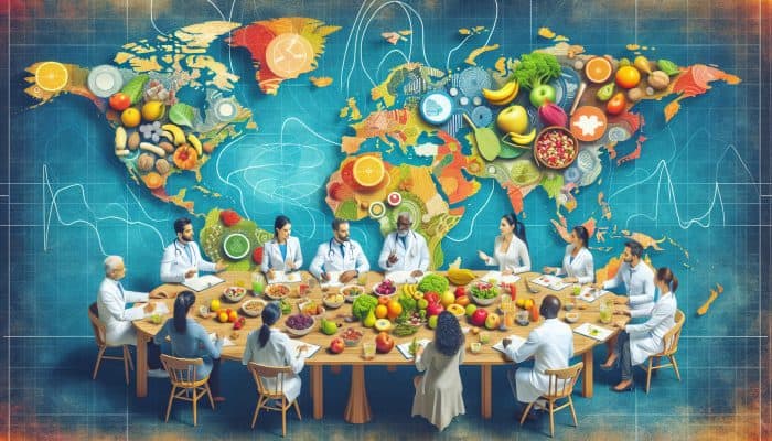Diverse experts gathered around a world map sharing healthy eating tips, surrounded by fruits, nuts, and salads.