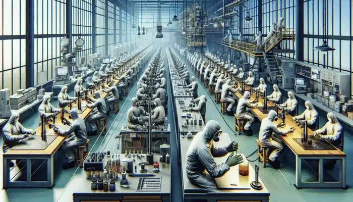 Workers in Goole conducting rigorous lab tests on safety gloves with advanced equipment for quality and durability.