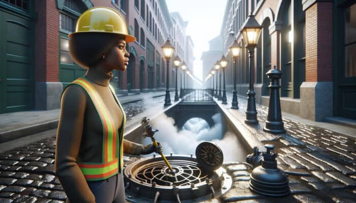 A professional plumber conducting a thorough sewer inspection in Gastown, Vancouver, amidst historic cobblestones and vintage lampposts.