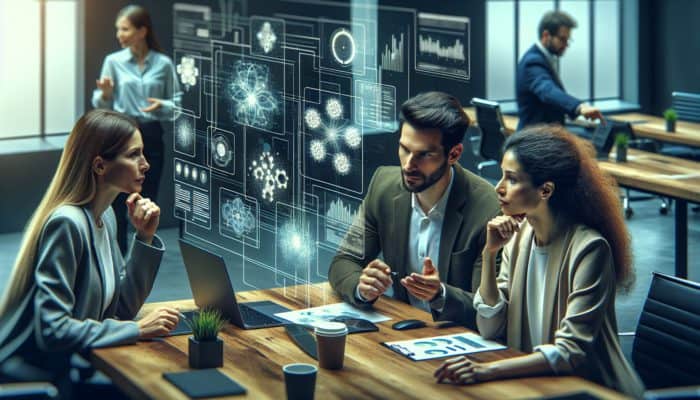 A small business team analysing digital marketing data on screens, discussing strategies with an expert consultant.