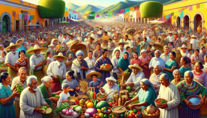 A vibrant festival in San Miguel de Allende celebrating culinary heritage, featuring locals participating in traditional cooking classes.