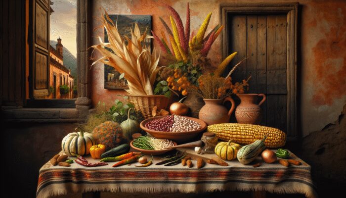 Corn, beans, chiles, and squash displayed on a rustic Mexican table, symbolising the foundation of San Miguel de Allende's traditional cuisine.