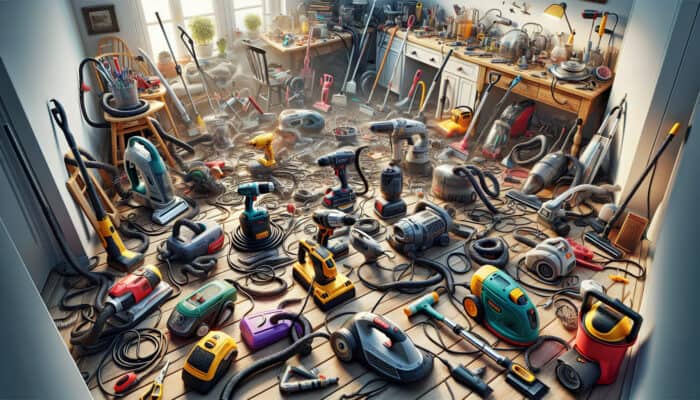 Electric Tools for Speedy House Clearance: Electric tools like drills, screwdrivers, and saws clearing a cluttered house with visible cords and lighting.