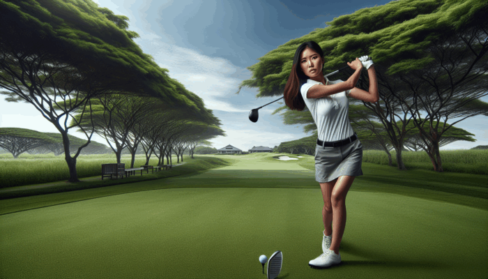 Golfer swinging fairway wood on green fairway, focused, under blue sky, near trees and clubhouse.