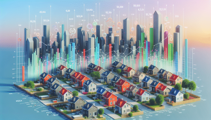 Graph showing Standerton's housing prices and interest rate changes with town skyline.