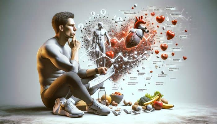 Individual reviewing cholesterol results, considering diet and exercise changes, with healthy food and workout gear.