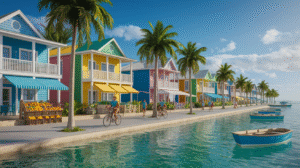 A row of colourful houses lines a waterfront street with palm trees in Corozal Town, Belize. People ride bicycles along the sidewalk, small boats float on clear water, and fruit stands appear on the left—ideal for those seeking affordable living.