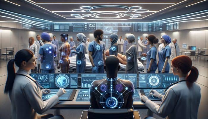 Patients in a futuristic UK healthcare setting using advanced wearable tech to share health data with doctors on digital screens.