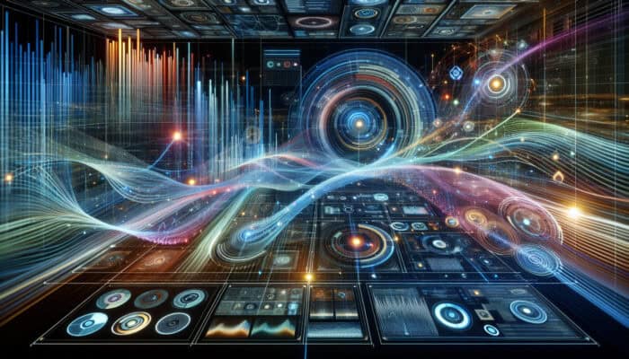 A futuristic interface showing real-time algorithm updates and user data, symbolising continuous improvement in virtual assistant technology.