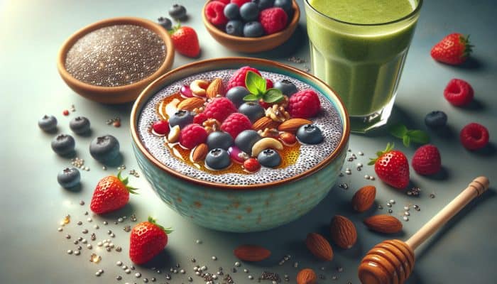 A colorful bowl of chia pudding with berries, nuts, honey, and a green smoothie, showcasing energy benefits.