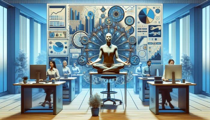 A serene office scene with employees meditating at desks, surrounded by productivity symbols like charts and computers.