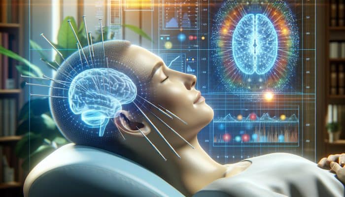 A serene acupuncture session in a modern UK clinic, patient receiving treatment for facial pain, showing relief, with research data on migraine reduction.