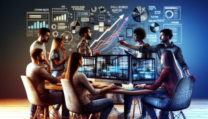 Collaborative team of web designers in a modern Poole office working on a restaurant website redesign, analysing screens and a 30% inquiry graph.