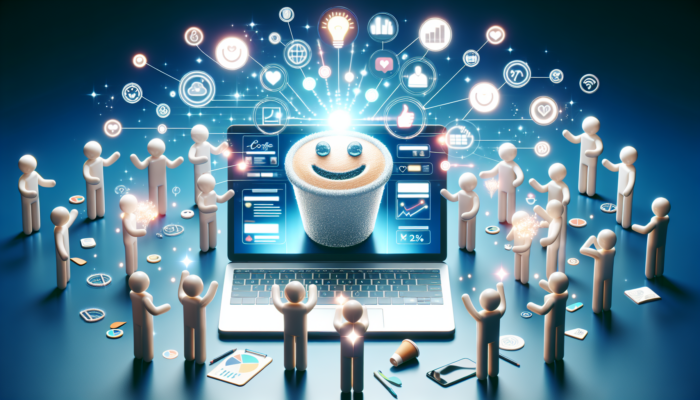 Modern website for a Poole coffee shop displayed on a laptop, featuring interactive menus, blog posts, and smiling users sharing their experiences on social media.