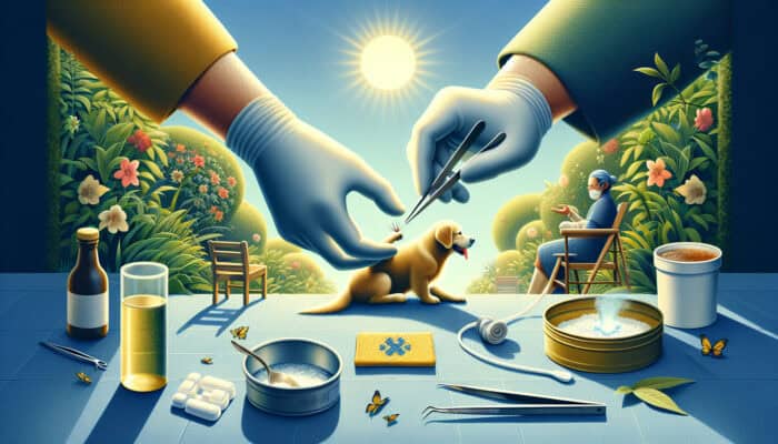 In a sunny backyard, a pet owner gently removes a bee stinger from a golden retriever's swollen paw using tweezers and applies a cold pack.